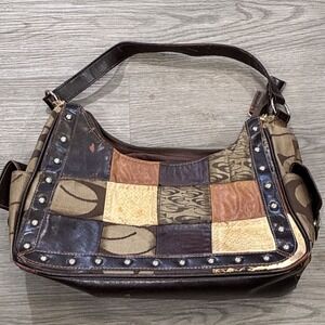 Multi Pattern Patchwork CLETO Single Strap Shoulder Bag Brown MultiColored
